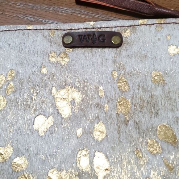 WILD GOOSE WOMEN'S HAIR ON HIDE LEATHER WRISTLET IVORY GOLD BROWN LEATHER FRINGE - Picture 2 of 9